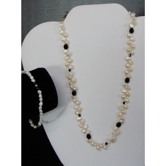 VTG Fresh Water Pearl & Black Onyx 16" NECKLACE + BRACELET 7.5" 24k Gold Clasp - Picture 1 of 5
